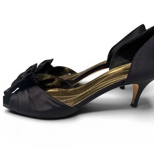 kate spade made in Italy 
Black Satin Peep-Toe Heels with Floral Bow size 10